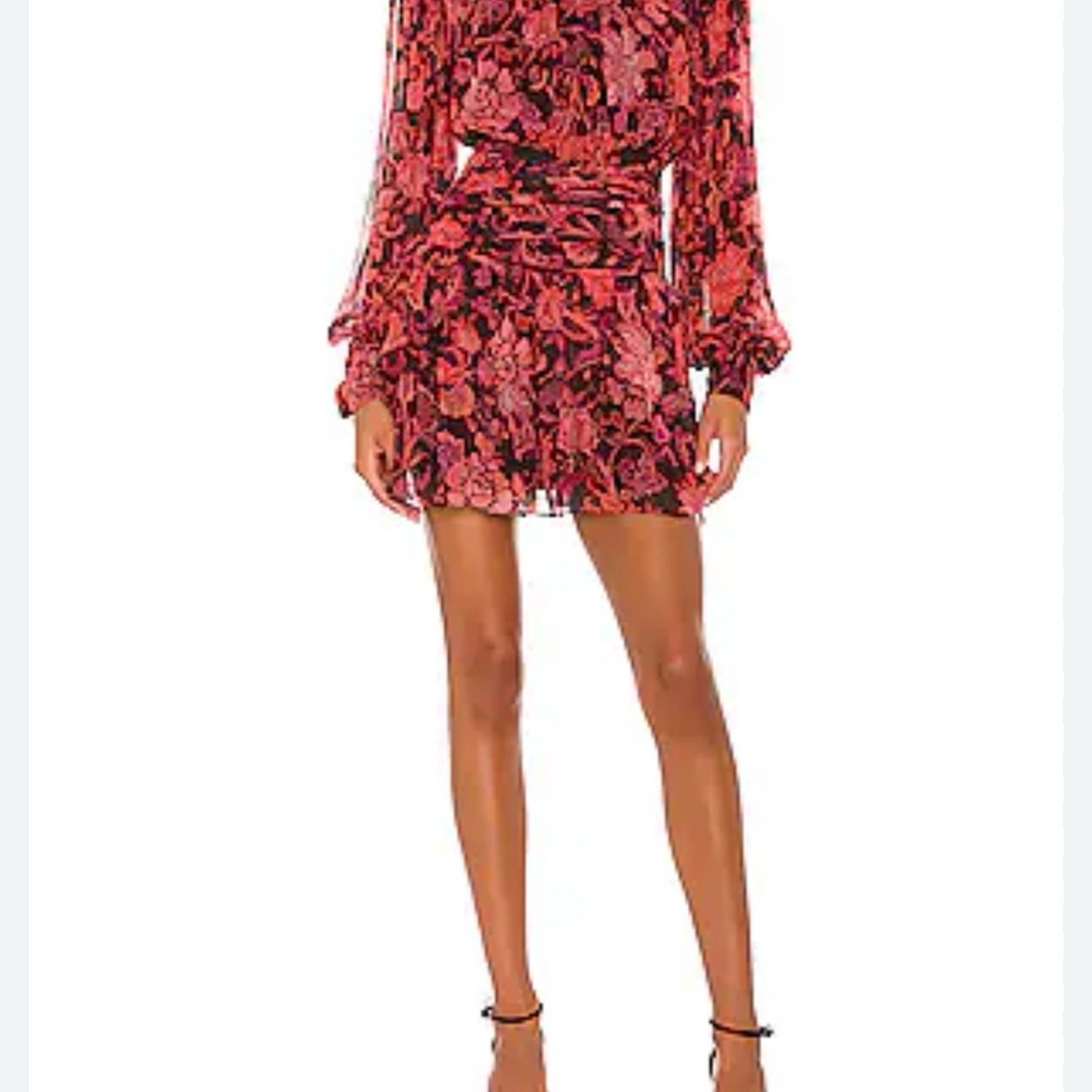 Revolve X HEMANT & NANDITA Crimson Rouched Mini Floral Dress B30 - Picture 4 of 15